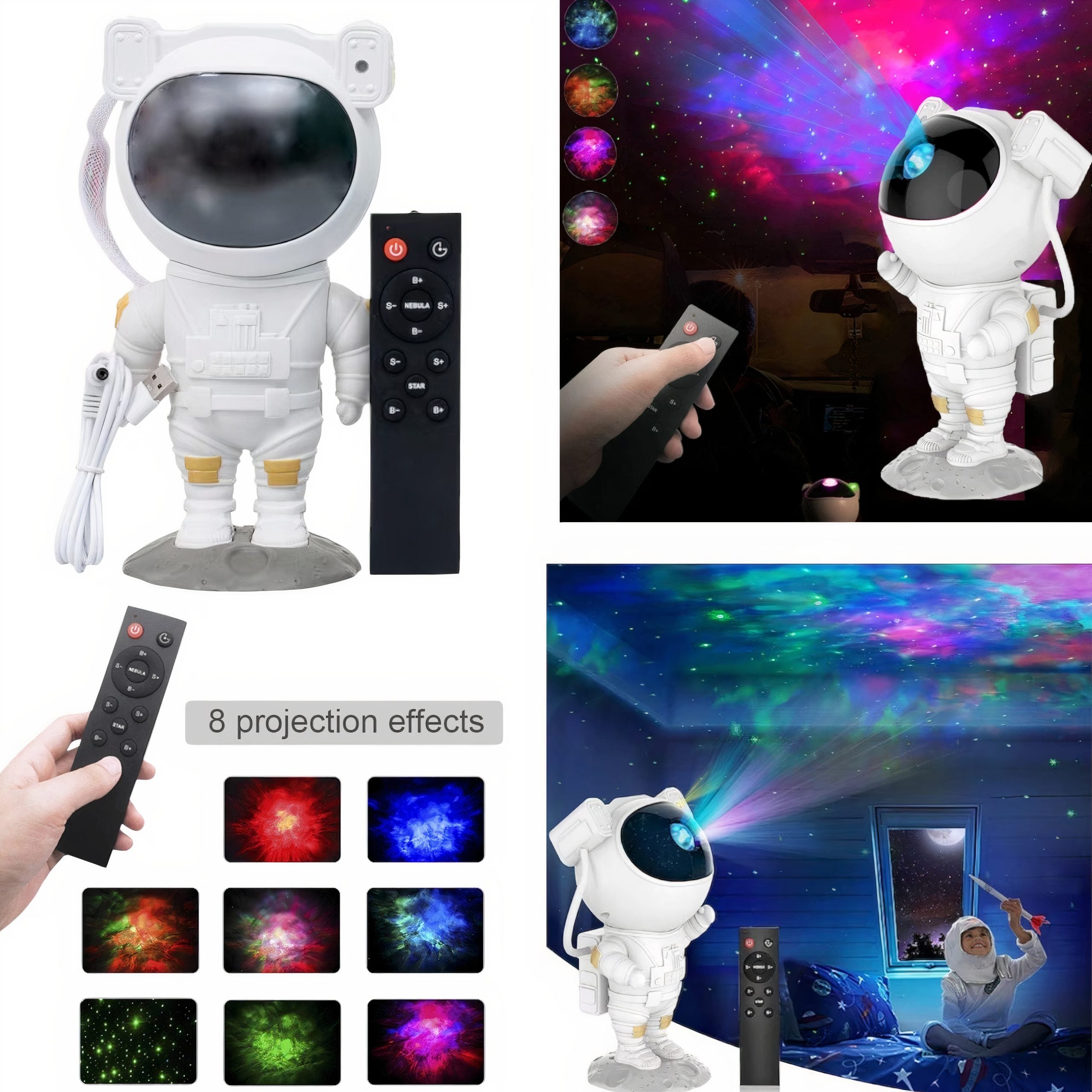 Proiector Astronaut cu Muzica Bluetooth LED 20cm,Cap Magnetic, Lumini Multicolore si Telecomada , Incarcare USB