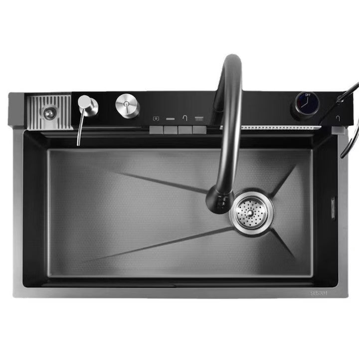 Chiuveta Multifunctionala pentru Bucatarie, Toate Accesoriile incluse, Dus Extractabil, Tocator ABS, Material Antiaderent, Afisaj LCD pentru Temperatura Apei, Doua Functii Cascada, Finisaj Negru Grafit, Dimensiune 75x46 cm