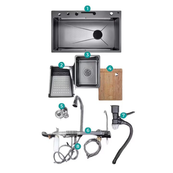 Chiuveta Multifunctionala pentru Bucatarie, Toate Accesoriile incluse, Dus Extractabil, Tocator ABS, Material Antiaderent, Afisaj LCD pentru Temperatura Apei, Doua Functii Cascada, Finisaj Negru Grafit, Dimensiune 75x46 cm