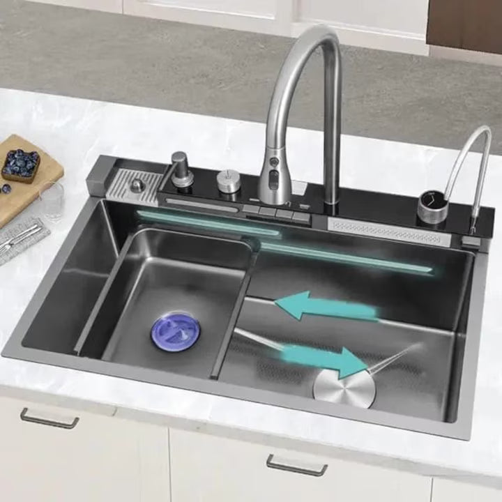 Chiuveta Multifunctionala pentru Bucatarie, Toate Accesoriile incluse, Dus Extractabil, Tocator ABS, Material Antiaderent, Afisaj LCD pentru Temperatura Apei, Doua Functii Cascada, Finisaj Negru Grafit, Dimensiune 75x46 cm