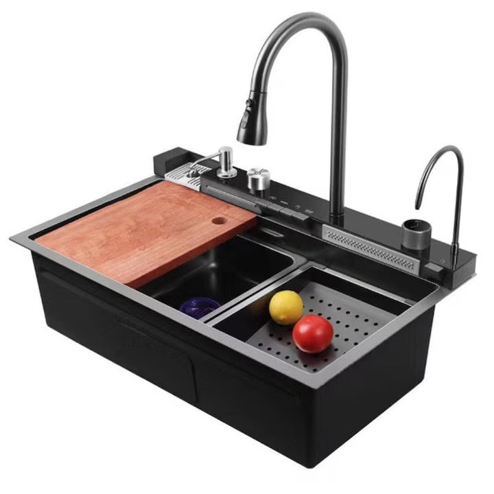 Chiuveta Multifunctionala pentru Bucatarie, Toate Accesoriile incluse, Dus Extractabil, Tocator ABS, Material Antiaderent, Afisaj LCD pentru Temperatura Apei, Doua Functii Cascada, Finisaj Negru Grafit, Dimensiune 75x46 cm