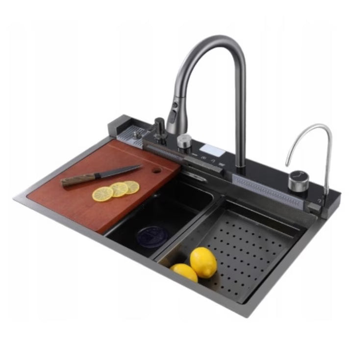 Chiuveta Multifunctionala pentru Bucatarie, Toate Accesoriile incluse, Dus Extractabil, Tocator ABS, Material Antiaderent, Afisaj LCD pentru Temperatura Apei, Doua Functii Cascada, Finisaj Negru Grafit, Dimensiune 75x46 cm